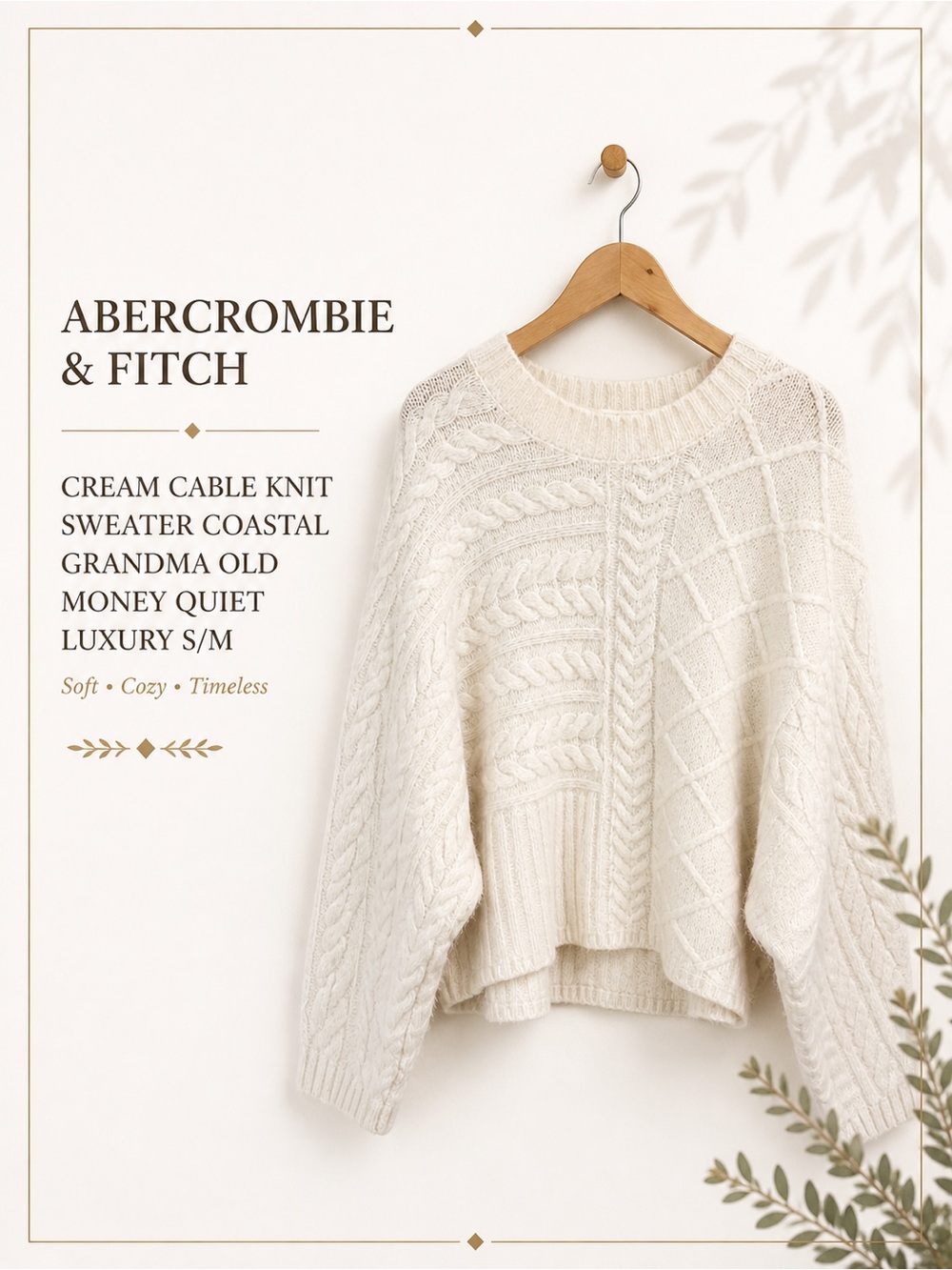 Abercrombie Cream Cable Knit Sweater Coastal Grandma Old Money Quiet Luxury S/M